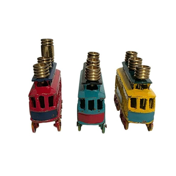 Vintage Kids Menorah Street Cars Train Hanukkah Judaica Trolley Cast Iron Brass - Picture 8 of 12